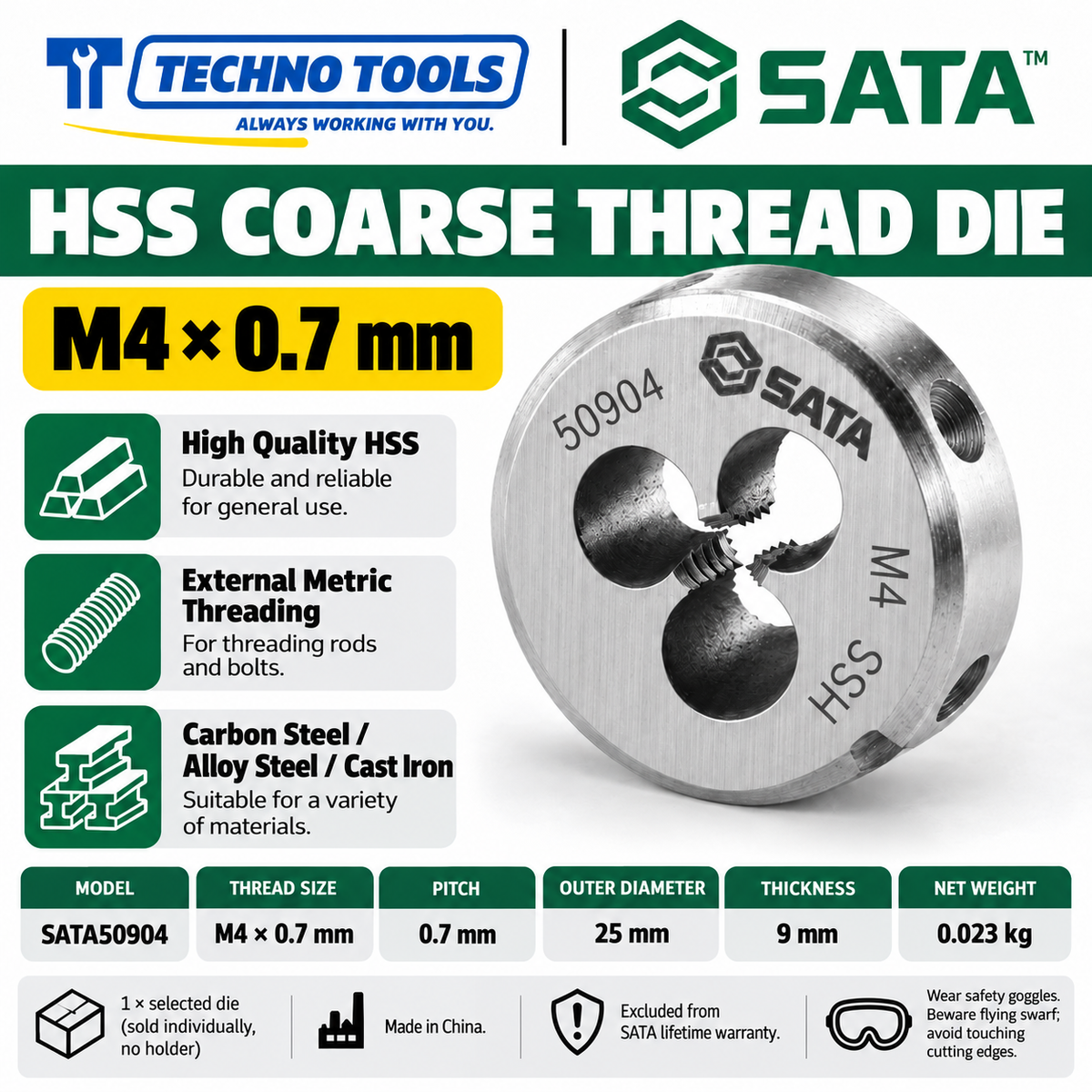 Shop SATA 50903-50912 HSS coarse thread dies, M3 to M12, 25x9mm. Made of high-quality HSS for carbon steel, alloy steel and cast iron.