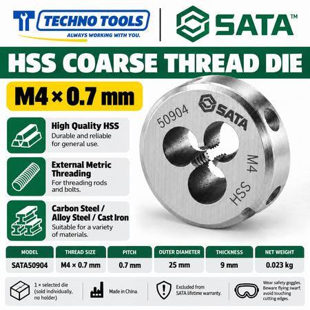 Shop SATA 50903-50912 HSS coarse thread dies, M3 to M12, 25x9mm. Made of high-quality HSS for carbon steel, alloy steel and cast iron.