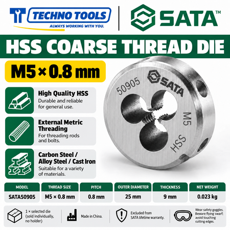 Shop SATA 50903-50912 HSS coarse thread dies, M3 to M12, 25x9mm. Made of high-quality HSS for carbon steel, alloy steel and cast iron.