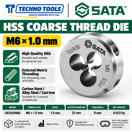 Shop SATA 50903-50912 HSS coarse thread dies, M3 to M12, 25x9mm. Made of high-quality HSS for carbon steel, alloy steel and cast iron.