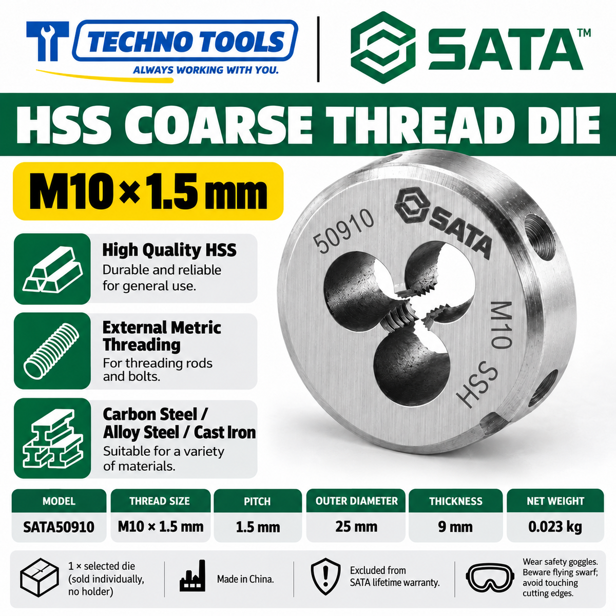 Shop SATA 50903-50912 HSS coarse thread dies, M3 to M12, 25x9mm. Made of high-quality HSS for carbon steel, alloy steel and cast iron.