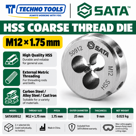 Shop SATA 50903-50912 HSS coarse thread dies, M3 to M12, 25x9mm. Made of high-quality HSS for carbon steel, alloy steel and cast iron.