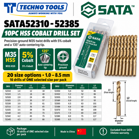 Shop SATA 52310-52385 10PC M35 HSS cobalt drills, 1.0 to 8.5mm. 5% cobalt, 135° auto-centering tip and fine thread technology.