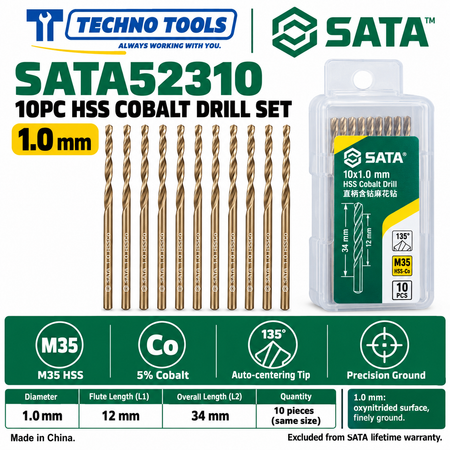 Shop SATA 52310-52385 10PC M35 HSS cobalt drills, 1.0 to 8.5mm. 5% cobalt, 135° auto-centering tip and fine thread technology.