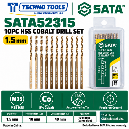 Shop SATA 52310-52385 10PC M35 HSS cobalt drills, 1.0 to 8.5mm. 5% cobalt, 135° auto-centering tip and fine thread technology.