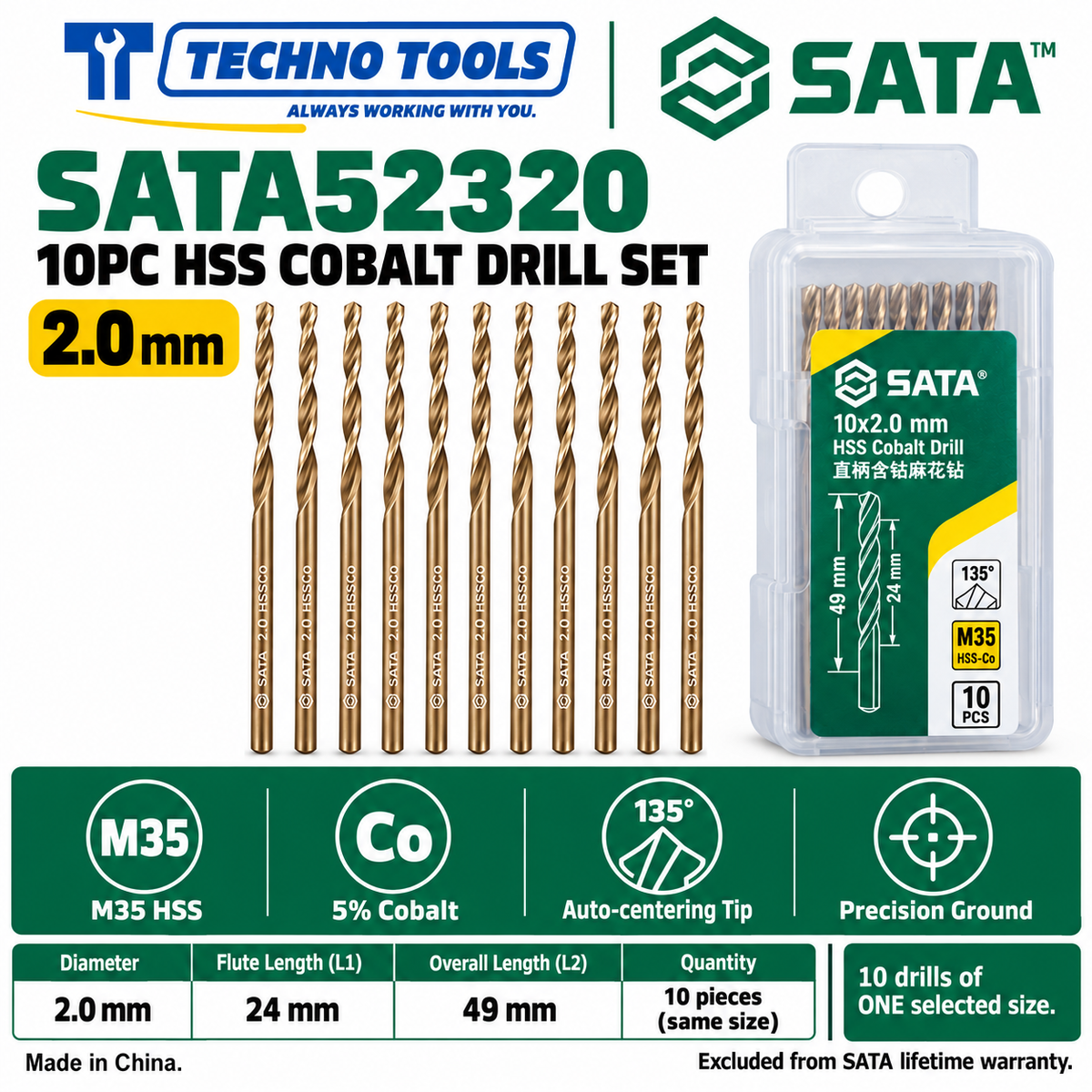 Shop SATA 52310-52385 10PC M35 HSS cobalt drills, 1.0 to 8.5mm. 5% cobalt, 135° auto-centering tip and fine thread technology.