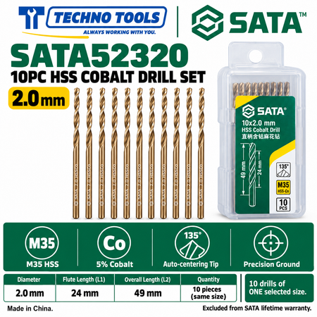 Shop SATA 52310-52385 10PC M35 HSS cobalt drills, 1.0 to 8.5mm. 5% cobalt, 135° auto-centering tip and fine thread technology.