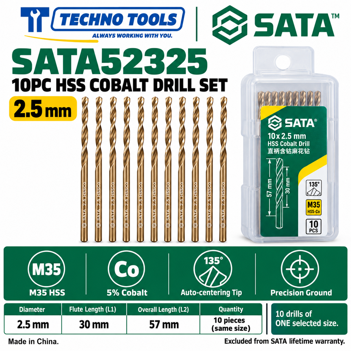 Shop SATA 52310-52385 10PC M35 HSS cobalt drills, 1.0 to 8.5mm. 5% cobalt, 135° auto-centering tip and fine thread technology.