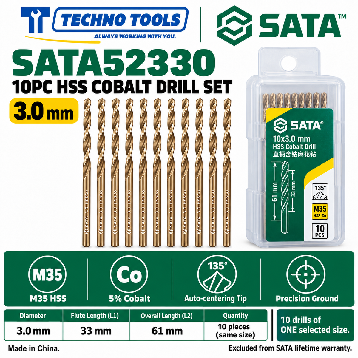 Shop SATA 52310-52385 10PC M35 HSS cobalt drills, 1.0 to 8.5mm. 5% cobalt, 135° auto-centering tip and fine thread technology.