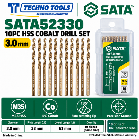 Shop SATA 52310-52385 10PC M35 HSS cobalt drills, 1.0 to 8.5mm. 5% cobalt, 135° auto-centering tip and fine thread technology.