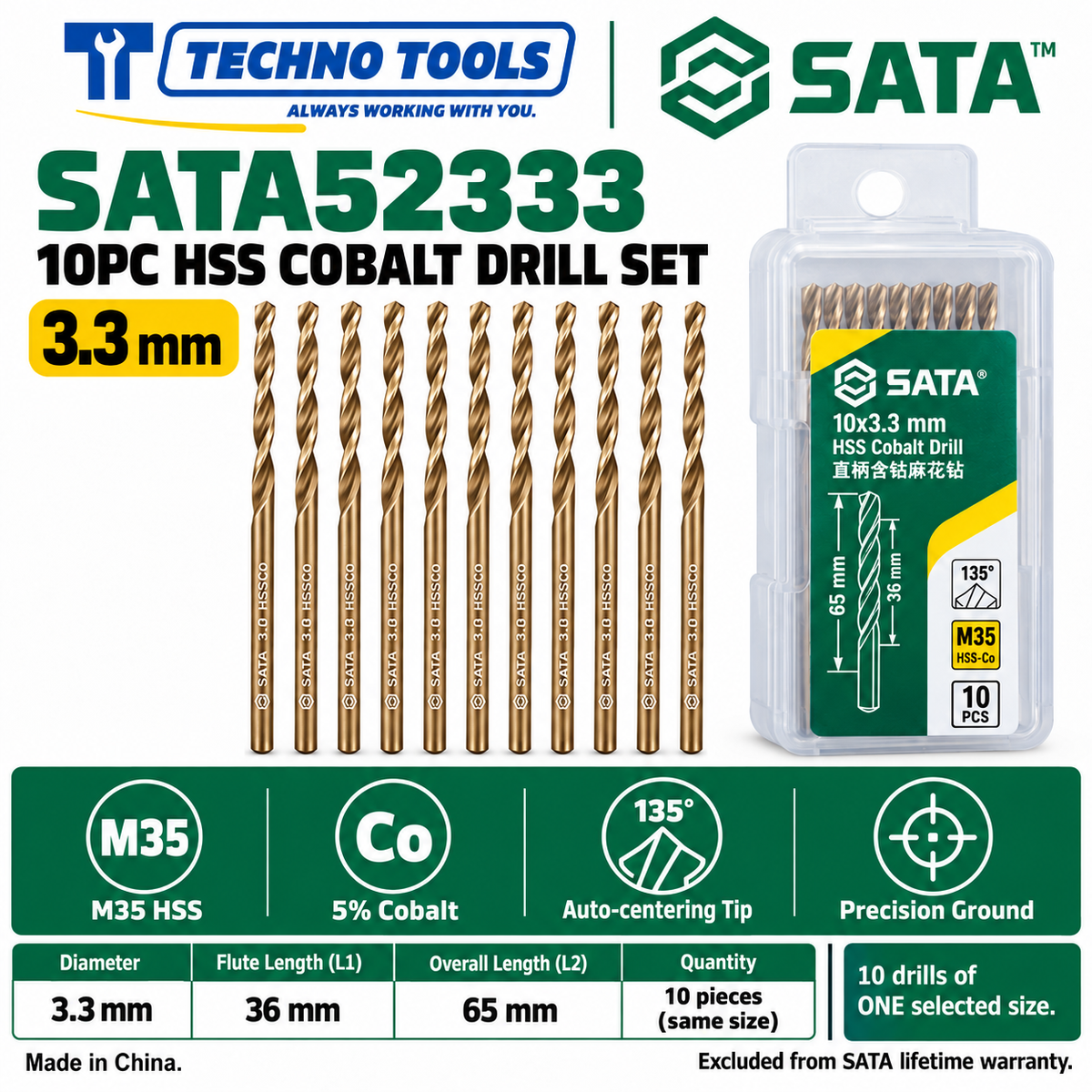 Shop SATA 52310-52385 10PC M35 HSS cobalt drills, 1.0 to 8.5mm. 5% cobalt, 135° auto-centering tip and fine thread technology.