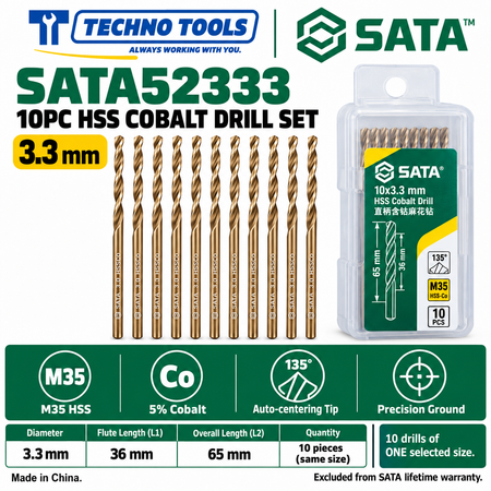 Shop SATA 52310-52385 10PC M35 HSS cobalt drills, 1.0 to 8.5mm. 5% cobalt, 135° auto-centering tip and fine thread technology.