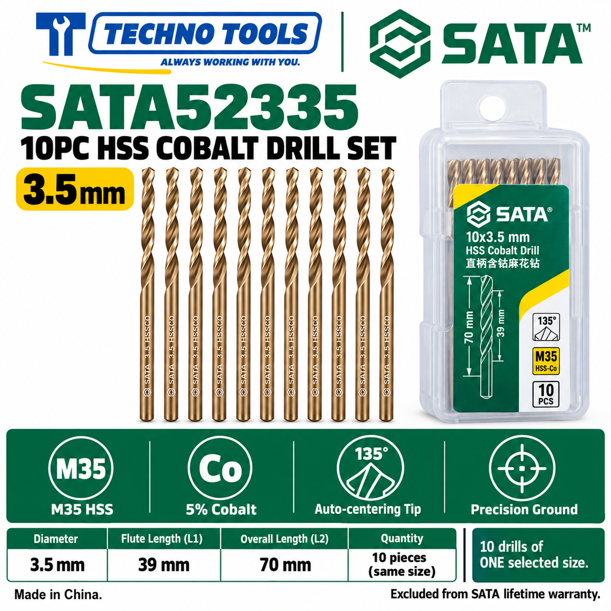 Shop SATA 52310-52385 10PC M35 HSS cobalt drills, 1.0 to 8.5mm. 5% cobalt, 135° auto-centering tip and fine thread technology.