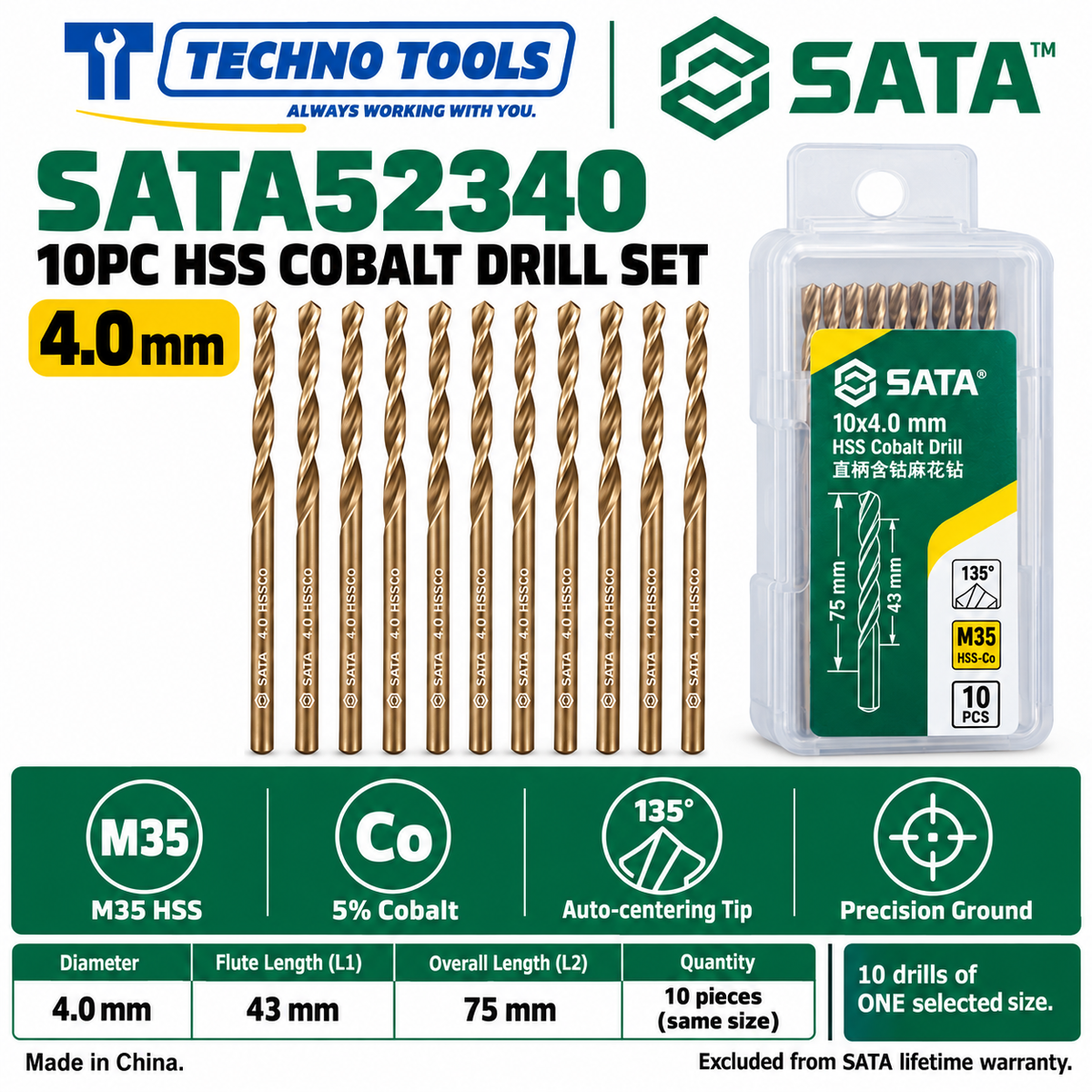 Shop SATA 52310-52385 10PC M35 HSS cobalt drills, 1.0 to 8.5mm. 5% cobalt, 135° auto-centering tip and fine thread technology.