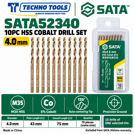 Shop SATA 52310-52385 10PC M35 HSS cobalt drills, 1.0 to 8.5mm. 5% cobalt, 135° auto-centering tip and fine thread technology.