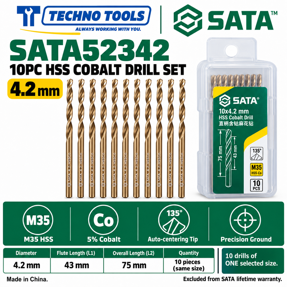 Shop SATA 52310-52385 10PC M35 HSS cobalt drills, 1.0 to 8.5mm. 5% cobalt, 135° auto-centering tip and fine thread technology.
