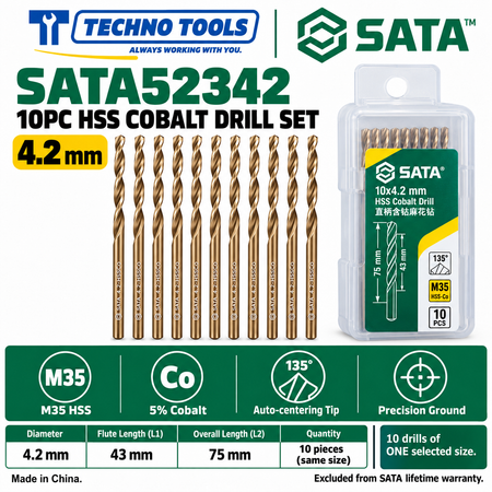 Shop SATA 52310-52385 10PC M35 HSS cobalt drills, 1.0 to 8.5mm. 5% cobalt, 135° auto-centering tip and fine thread technology.