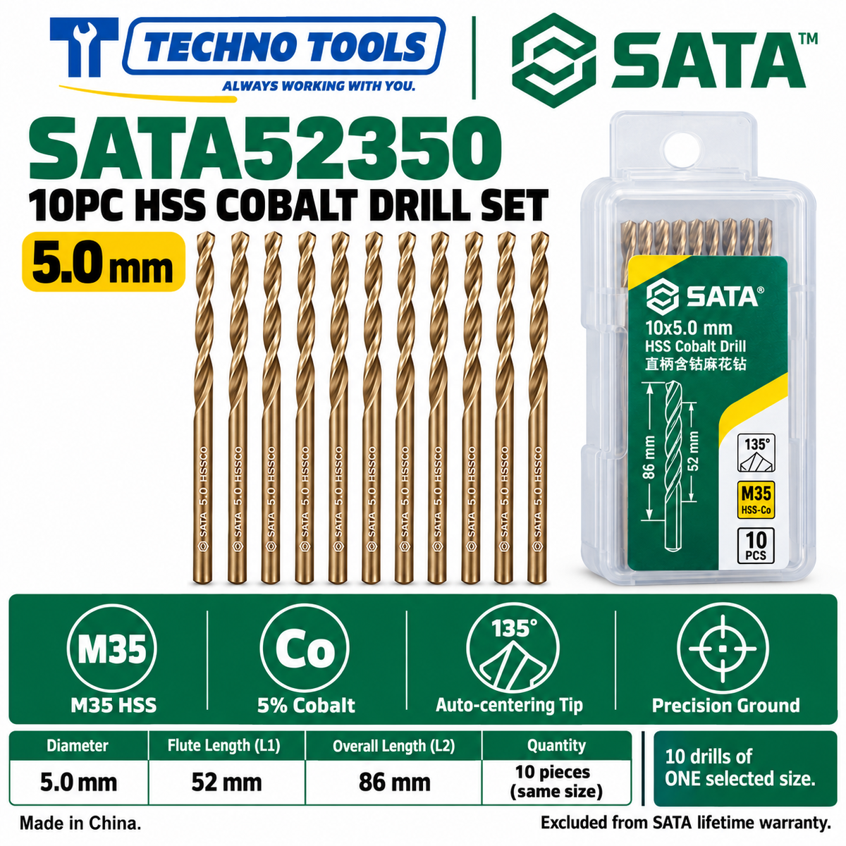 Shop SATA 52310-52385 10PC M35 HSS cobalt drills, 1.0 to 8.5mm. 5% cobalt, 135° auto-centering tip and fine thread technology.