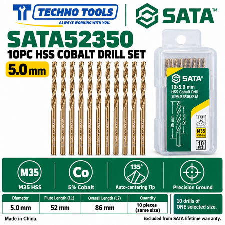 Shop SATA 52310-52385 10PC M35 HSS cobalt drills, 1.0 to 8.5mm. 5% cobalt, 135° auto-centering tip and fine thread technology.