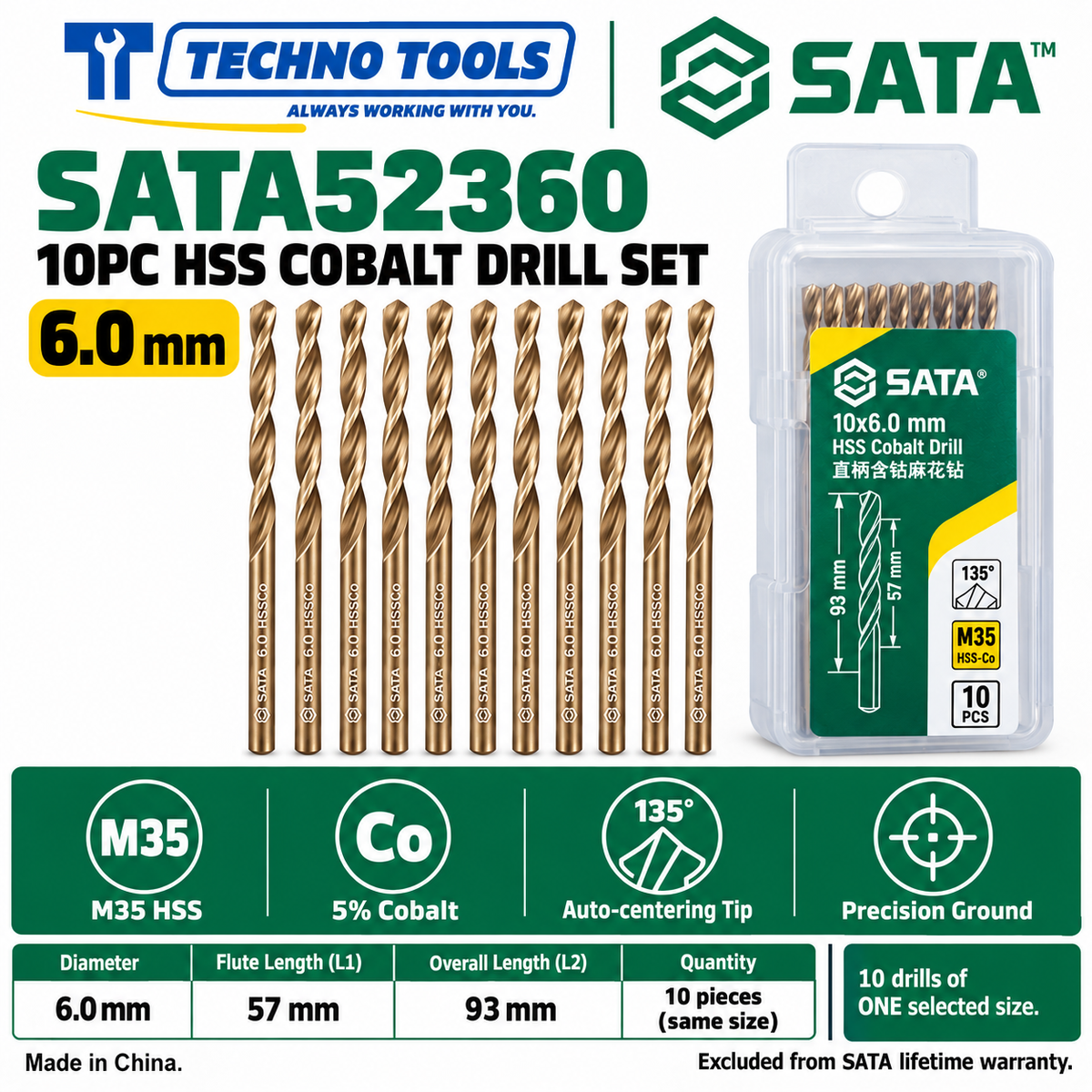 Shop SATA 52310-52385 10PC M35 HSS cobalt drills, 1.0 to 8.5mm. 5% cobalt, 135° auto-centering tip and fine thread technology.