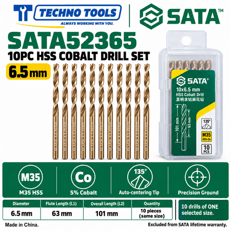 Shop SATA 52310-52385 10PC M35 HSS cobalt drills, 1.0 to 8.5mm. 5% cobalt, 135° auto-centering tip and fine thread technology.