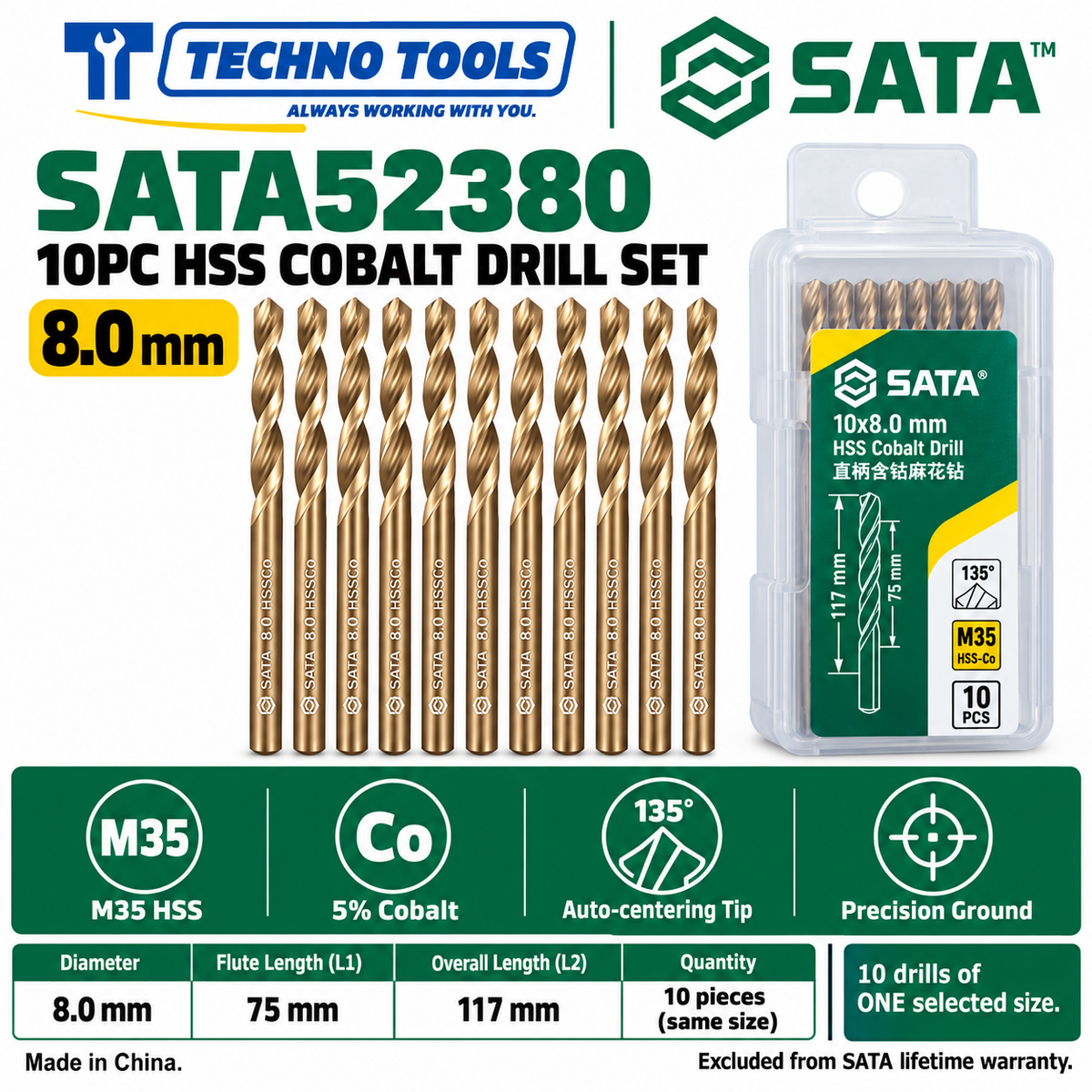 Shop SATA 52310-52385 10PC M35 HSS cobalt drills, 1.0 to 8.5mm. 5% cobalt, 135° auto-centering tip and fine thread technology.