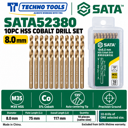 Shop SATA 52310-52385 10PC M35 HSS cobalt drills, 1.0 to 8.5mm. 5% cobalt, 135° auto-centering tip and fine thread technology.