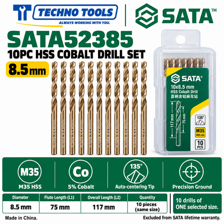 Shop SATA 52310-52385 10PC M35 HSS cobalt drills, 1.0 to 8.5mm. 5% cobalt, 135° auto-centering tip and fine thread technology.