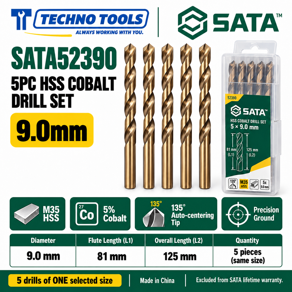 Shop SATA 52390-52430 5PC M35 HSS cobalt drills, 9.0 to 13.0mm. 5% cobalt, 135° auto-centering tip and fine thread technology.