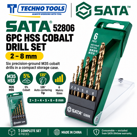 Buy SATA52806 6Pc. HSS Cobalt Drill Set. M35 5% cobalt drill bits with 135° auto-centering point for high-speed drilling. Sold individually.