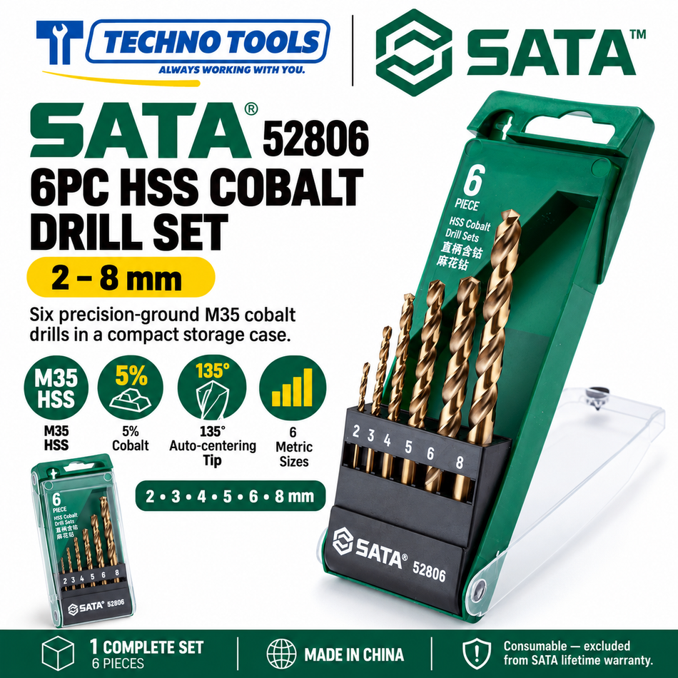 Buy SATA52806 6Pc. HSS Cobalt Drill Set. M35 5% cobalt drill bits with 135° auto-centering point for high-speed drilling. Sold individually.