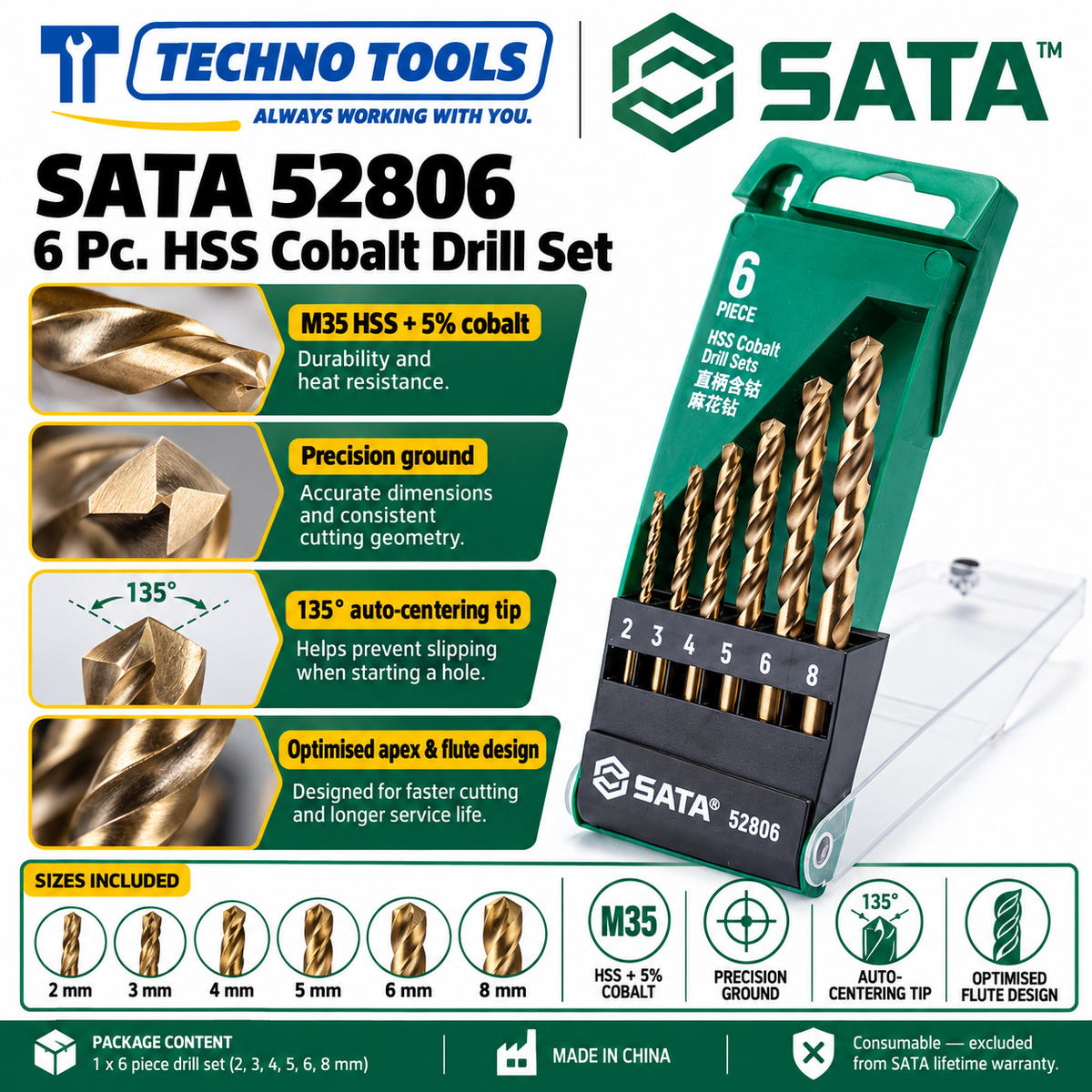 Buy SATA52806 6Pc. HSS Cobalt Drill Set. M35 5% cobalt drill bits with 135° auto-centering point for high-speed drilling. Sold individually.