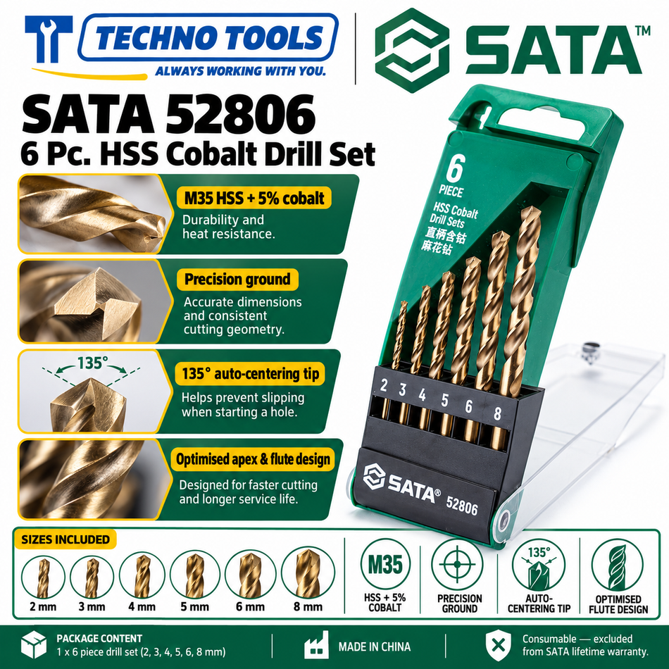 Buy SATA52806 6Pc. HSS Cobalt Drill Set. M35 5% cobalt drill bits with 135° auto-centering point for high-speed drilling. Sold individually.