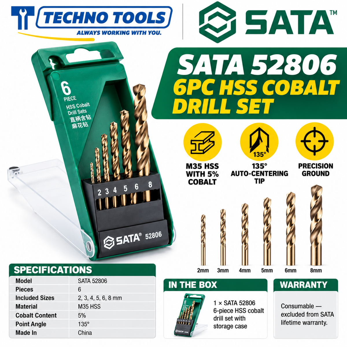 Buy SATA52806 6Pc. HSS Cobalt Drill Set. M35 5% cobalt drill bits with 135° auto-centering point for high-speed drilling. Sold individually.