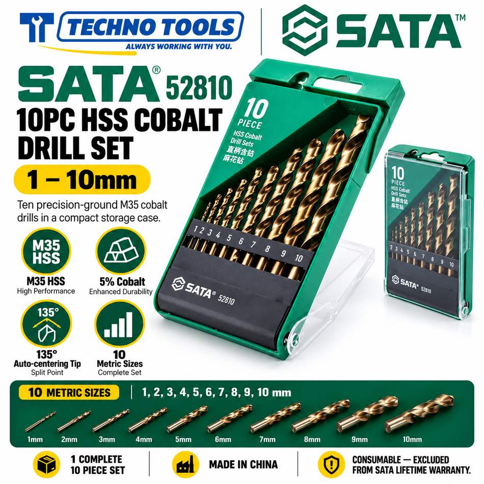 Buy SATA52810 10Pc. HSS Cobalt Drill Set. M35 5% cobalt drill bits featuring 135° auto-centering point for high-speed drilling. Sold individually.