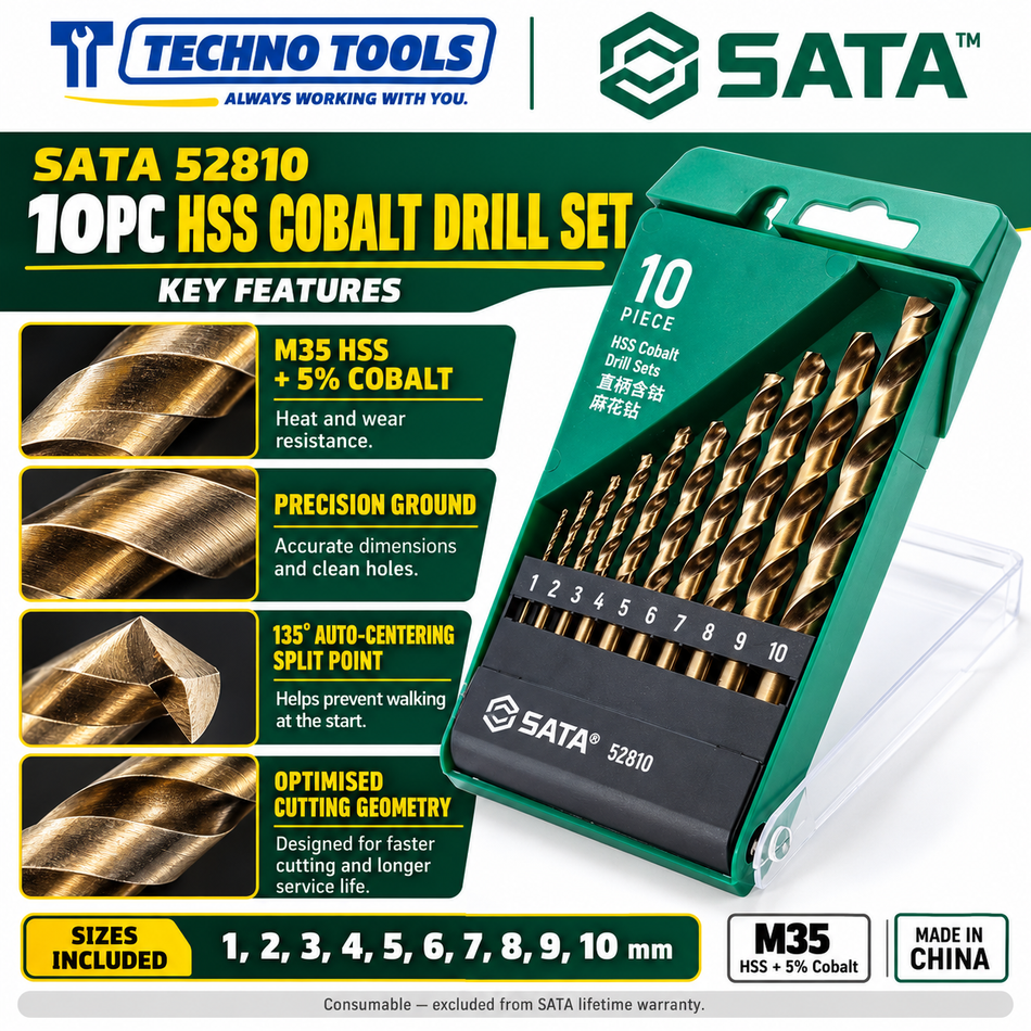 Buy SATA52810 10Pc. HSS Cobalt Drill Set. M35 5% cobalt drill bits featuring 135° auto-centering point for high-speed drilling. Sold individually.