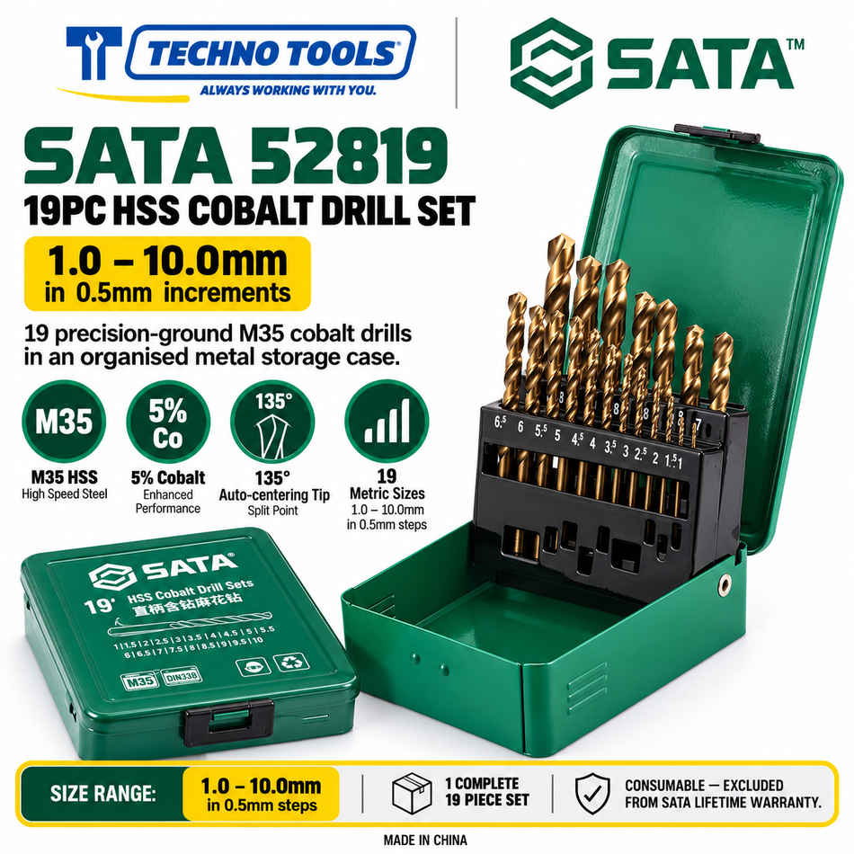 Buy SATA52819 19Pc. HSS Cobalt Drill Set. M35 5% cobalt drill bits featuring 135° auto-centering point for high-speed drilling. Sold individually.