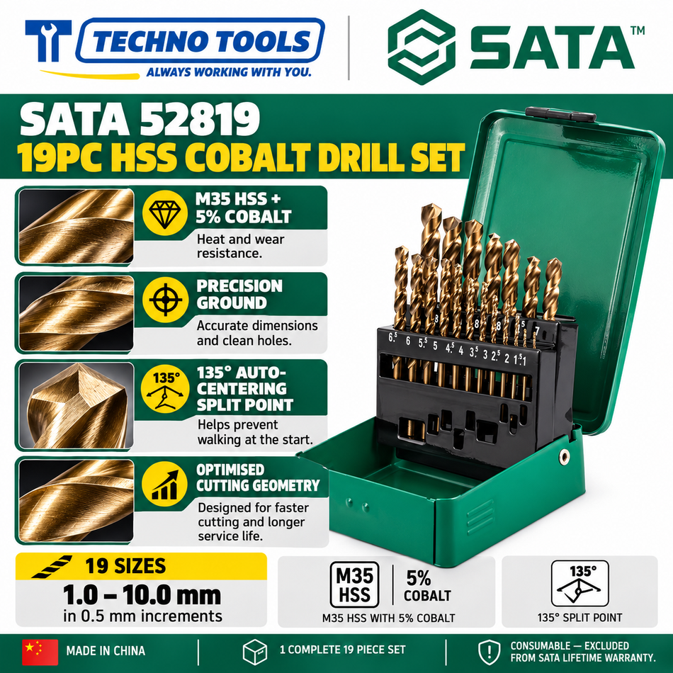 Buy SATA52819 19Pc. HSS Cobalt Drill Set. M35 5% cobalt drill bits featuring 135° auto-centering point for high-speed drilling. Sold individually.