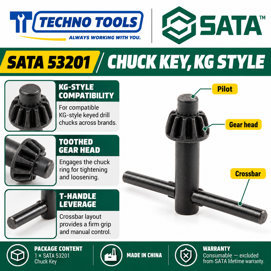 Buy SATA53201 Chuck Key. Universal design fits all brands of KG toothed strip wrench drill chucks for secure bit tightening. Sold individually.