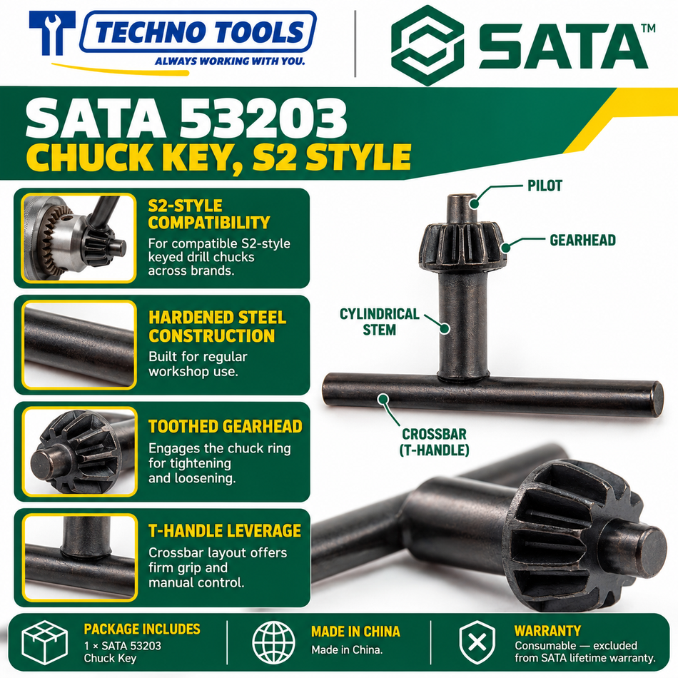 Buy SATA53203 Chuck Key. Universal design fits all brands of S2 toothed strip wrench drill chucks for secure bit tightening. Sold individually.