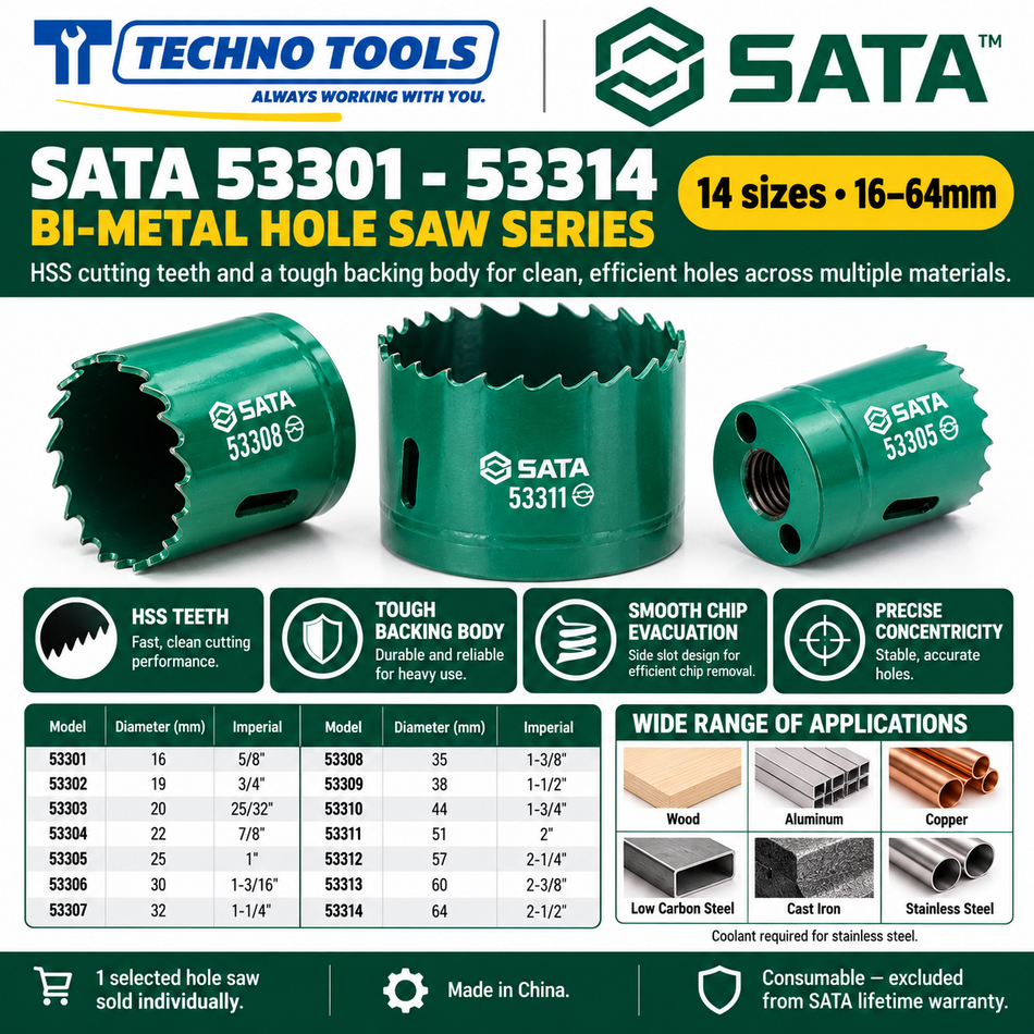 Buy SATA53301-53314 Bi-Metal Hole Saws (16mm-64mm). High-speed steel teeth for smooth, efficient cutting across metal and wood. Sold individually.