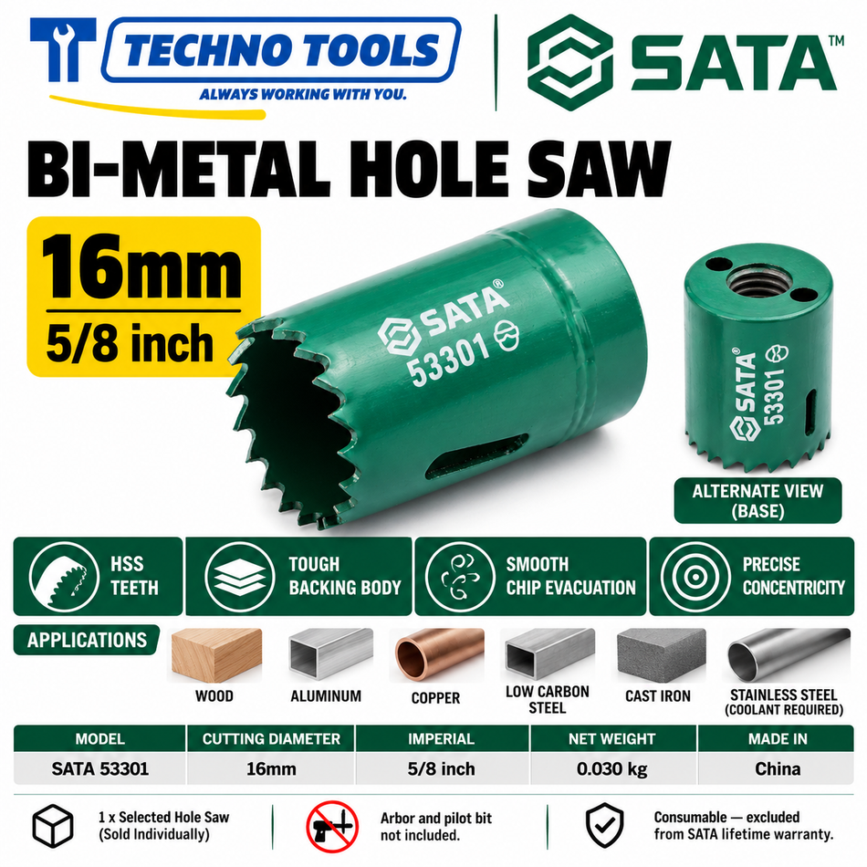 Buy SATA53301-53314 Bi-Metal Hole Saws (16mm-64mm). High-speed steel teeth for smooth, efficient cutting across metal and wood. Sold individually.