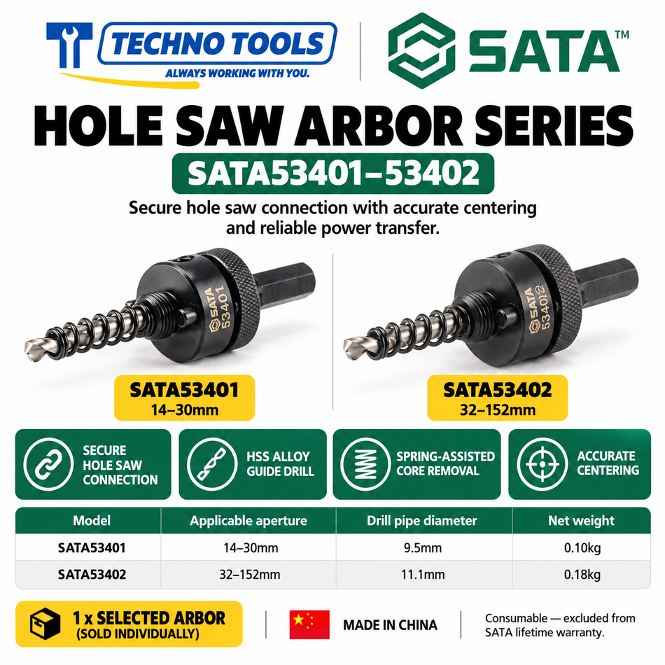 Buy SATA53401-53402 Hole Saw Arbors (14mm-152mm). Features HSS alloy guide bits and quick-release springs for easy core removal. Sold individually.