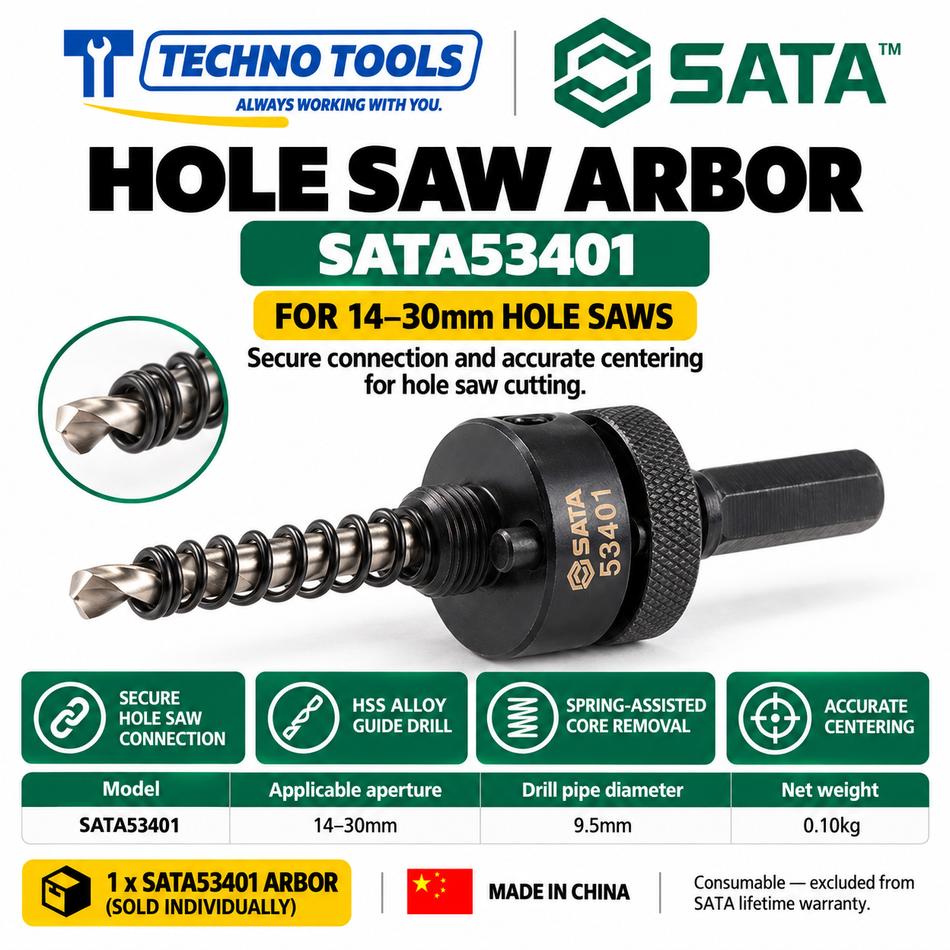 Buy SATA53401-53402 Hole Saw Arbors (14mm-152mm). Features HSS alloy guide bits and quick-release springs for easy core removal. Sold individually.