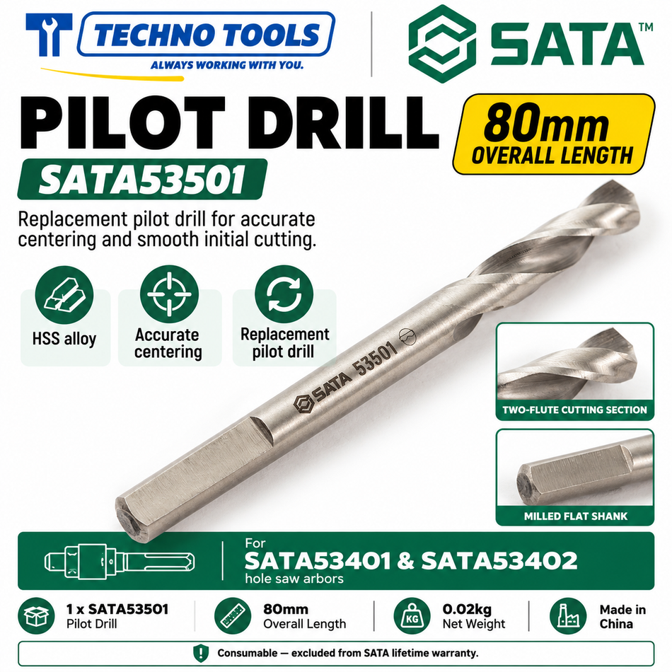 Buy SATA53501 80mm Pilot Drill. High-speed steel alloy replacement bit designed exclusively for SATA 53401 and 53402 hole saw arbors. Sold individually.