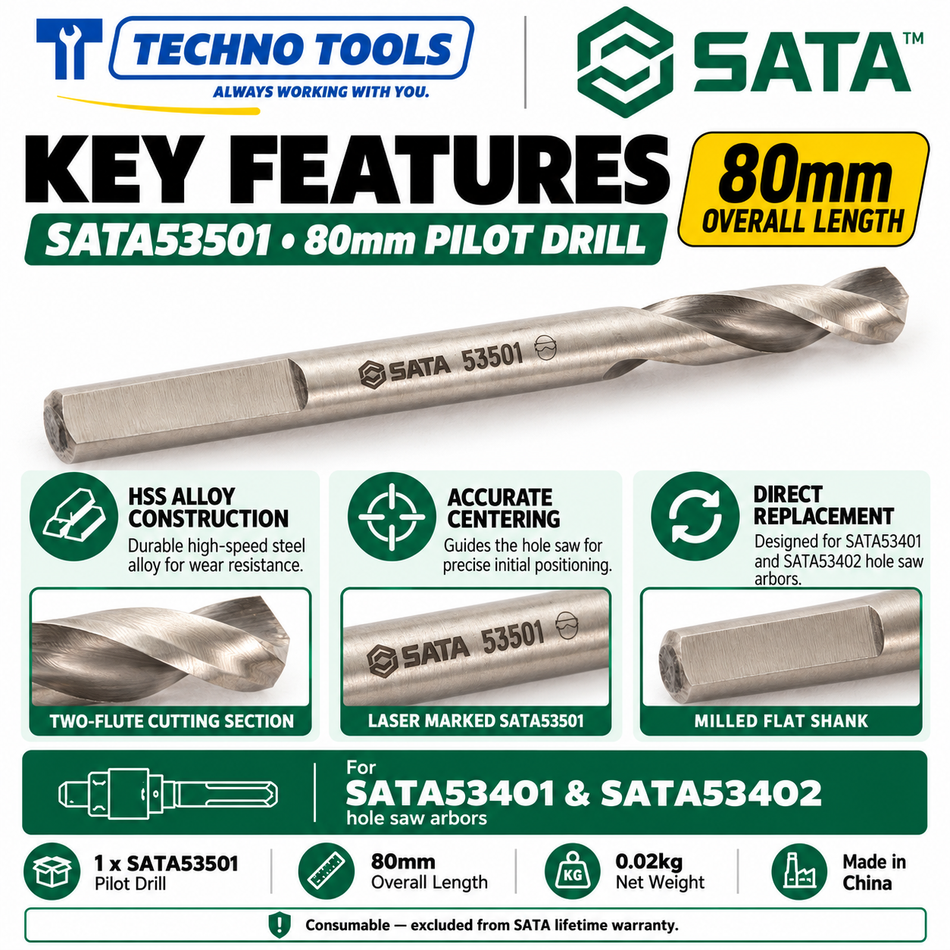 Buy SATA53501 80mm Pilot Drill. High-speed steel alloy replacement bit designed exclusively for SATA 53401 and 53402 hole saw arbors. Sold individually.