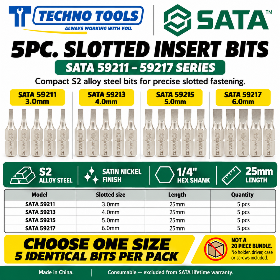 Buy SATA59211-59217 5Pc. 1/4" Hex Slotted Insert Bits (3mm-6mm). Durable S2 alloy steel with a nickel finish for high torque. Sold individually.