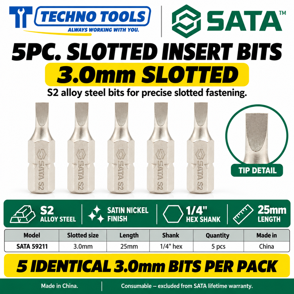 Buy SATA59211-59217 5Pc. 1/4" Hex Slotted Insert Bits (3mm-6mm). Durable S2 alloy steel with a nickel finish for high torque. Sold individually.