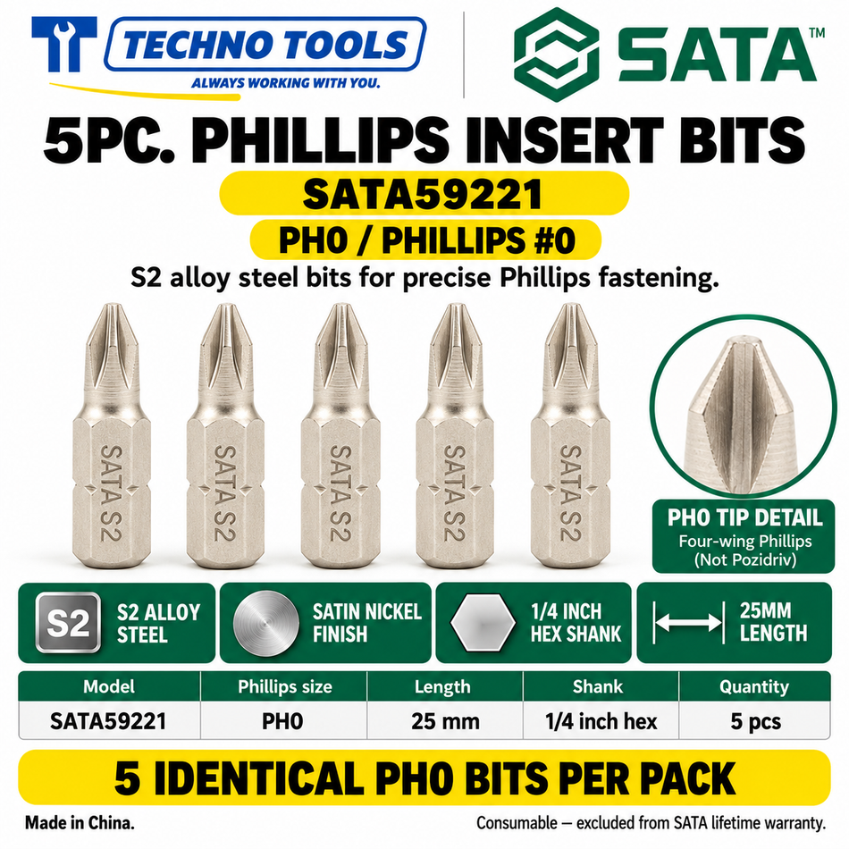 Buy SATA59221-59224 5Pc. 1/4" Hex Phillips Insert Bits (#0-#3). Durable S2 alloy steel with a nickel finish for high torque. Sold individually.