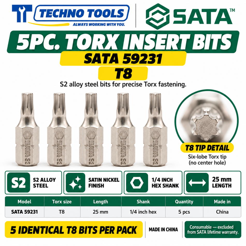 Buy SATA59231-59238 5Pc. 1/4" Hex Torx Insert Bits (T8-T40). Crafted from S2 alloy steel with a nickel finish for high torque. Sold individually.